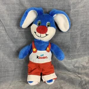 Kinder Surprise 9” Plush Bunny Rabbit Blue & White Embroidered Eyes Red Overalls